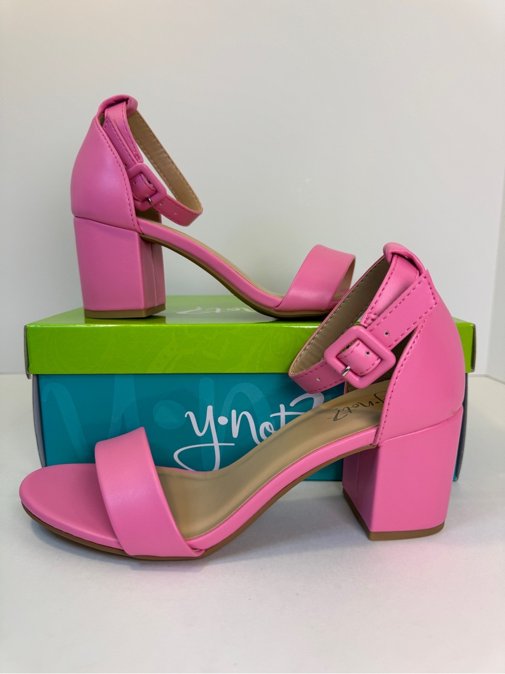 Y•Not? pink block heel sandals women’s size 7.5